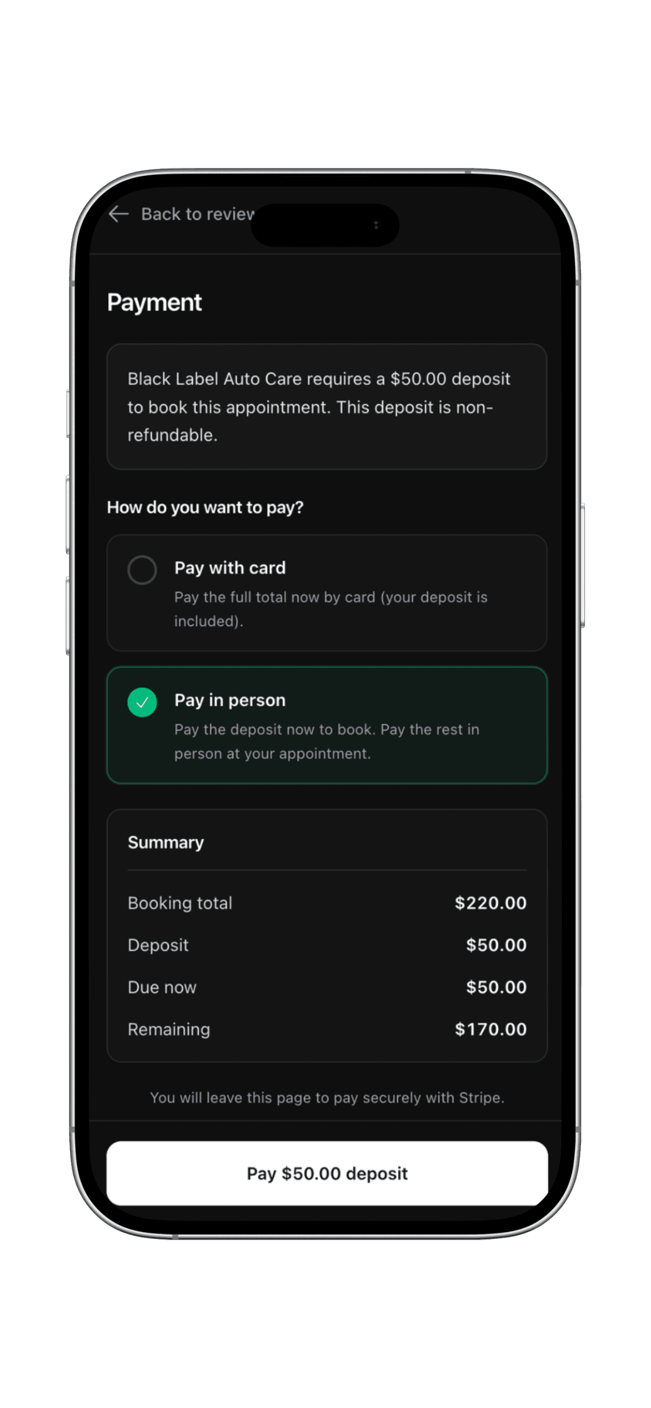ServiceLink in-app deposit and payment checkout on iPhone
