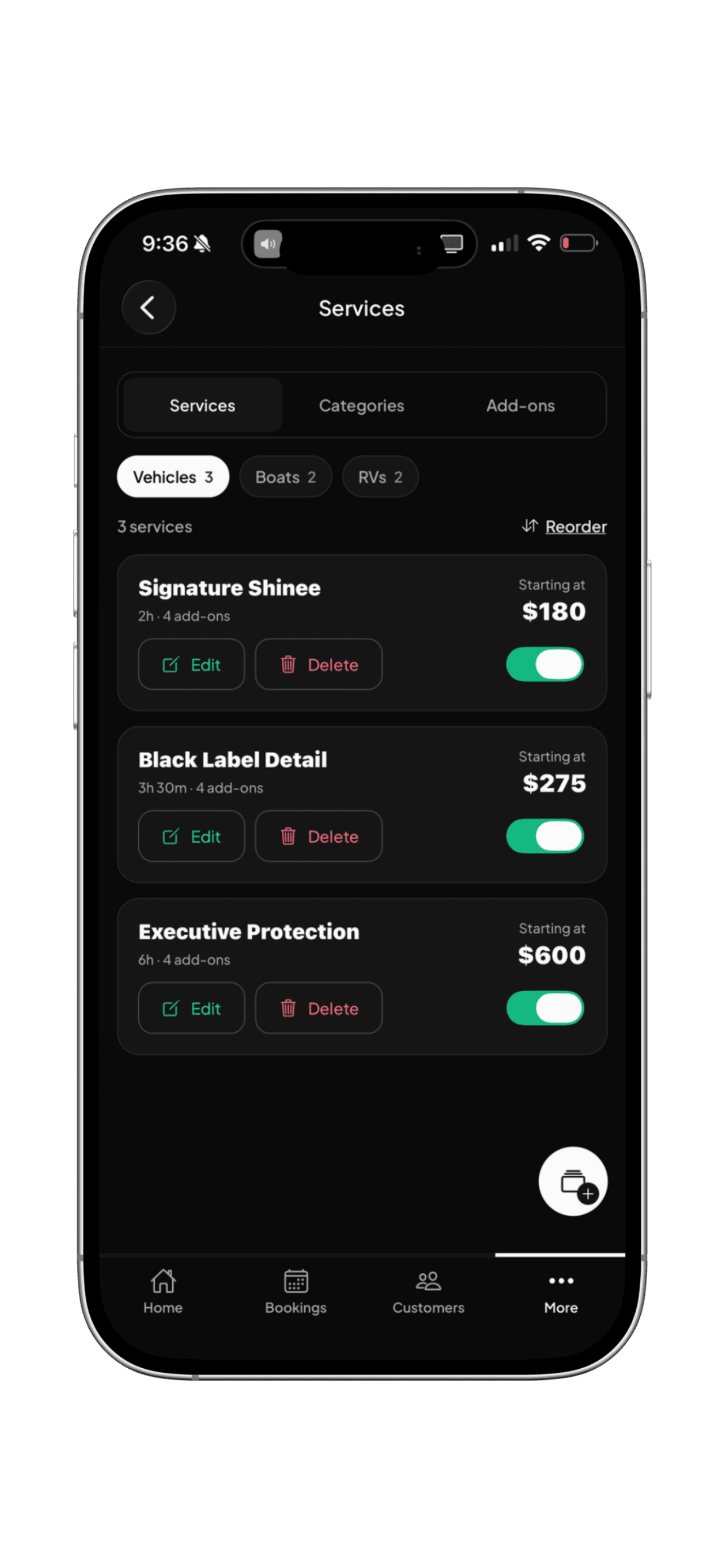 ServiceLink services menu with categories and pricing on iPhone