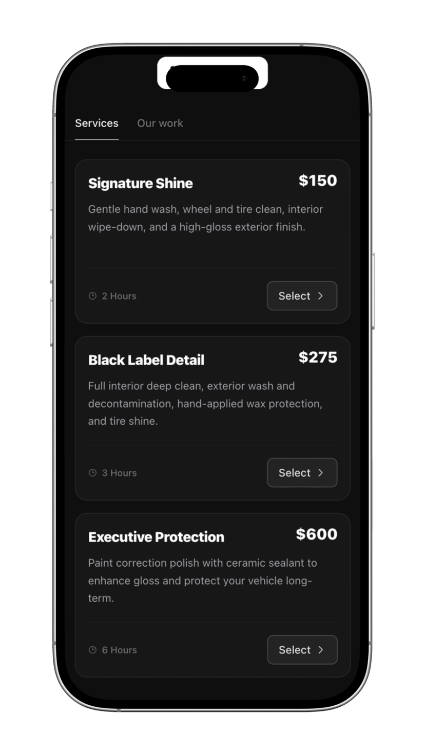 Services list with prices and Book now button