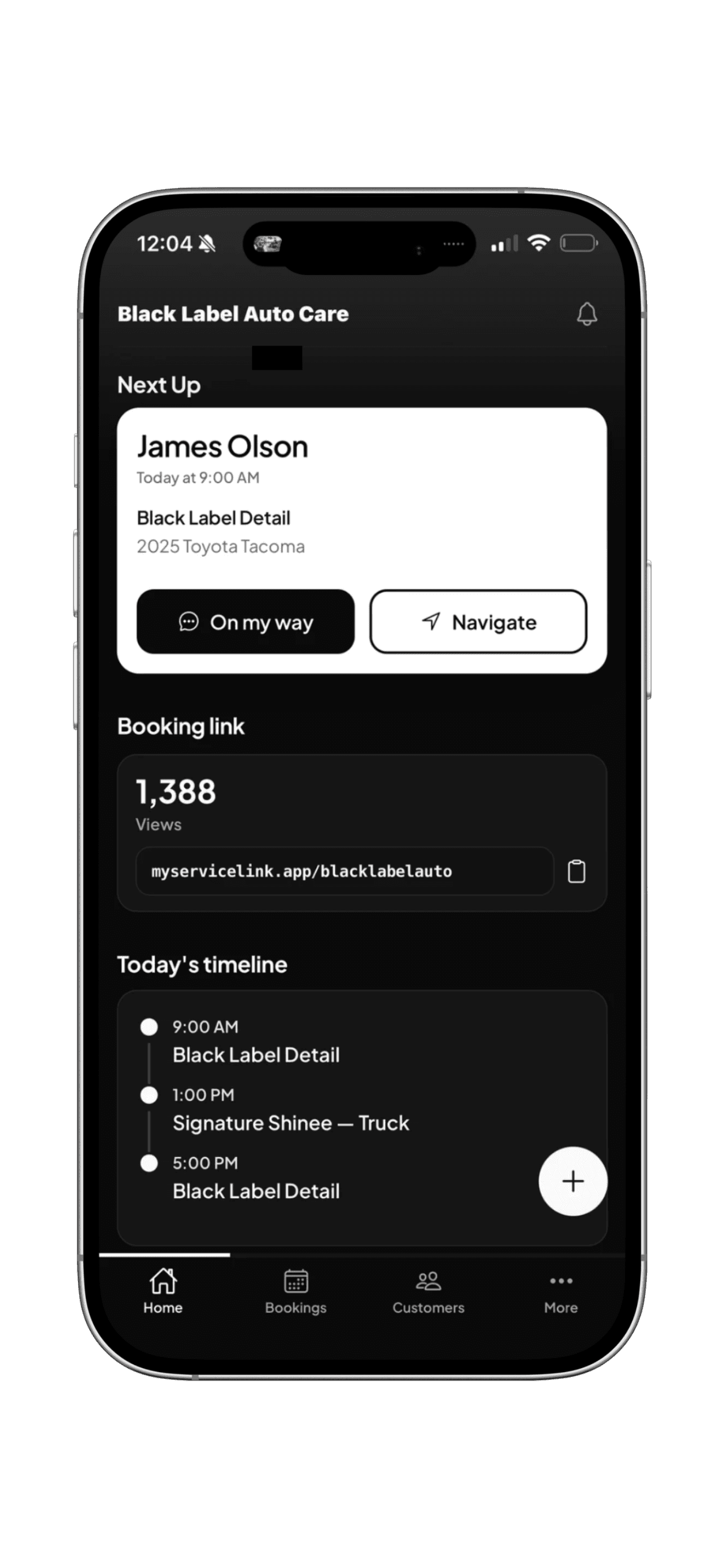 ServiceLink mobile app home screen on iPhone showing today’s schedule and next appointment