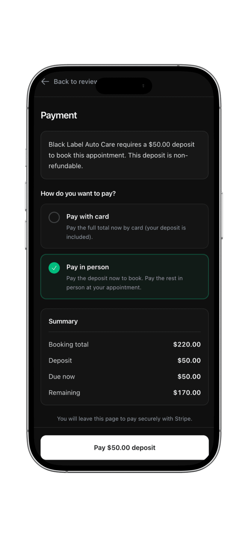 Payment screen with deposit and pay-in-app options