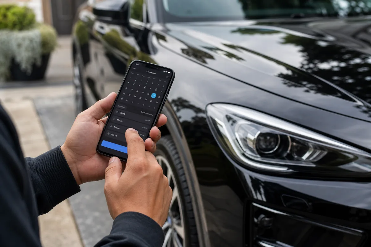 Detailer checking a booking app on their phone next to a freshly detailed car