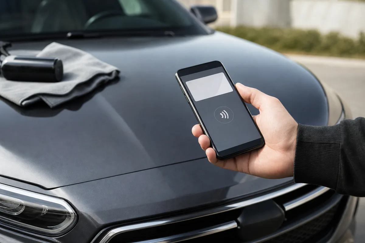Smartphone showing a deposit payment confirmation over a car hood