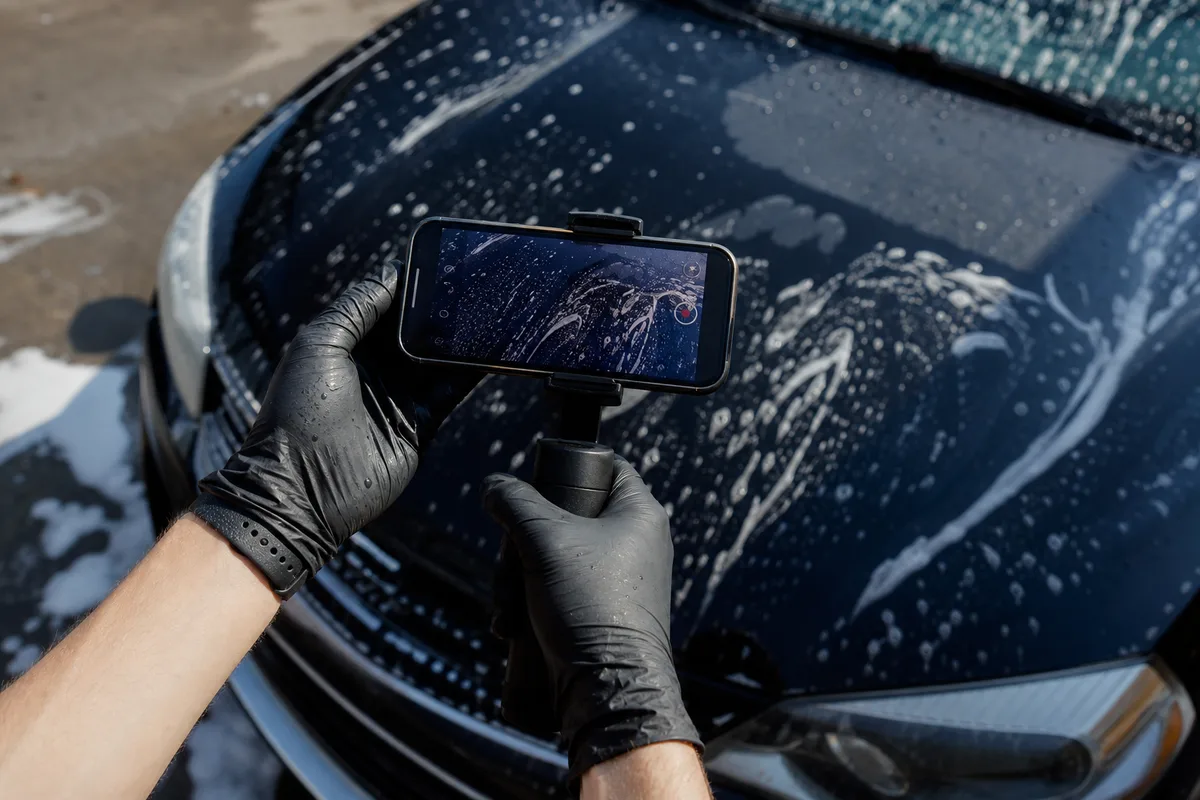 Phone filming a foam-covered car during a mobile detailing job for social content