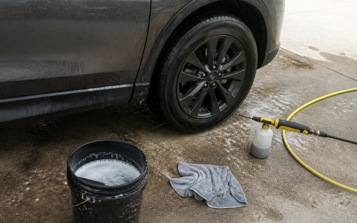 Wash bucket, microfiber towel, and foam cannon on a wet driveway beside a dark SUV