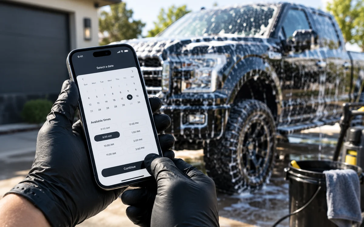 Gloved hands holding a booking calendar on a phone in front of a foam-covered pickup truck