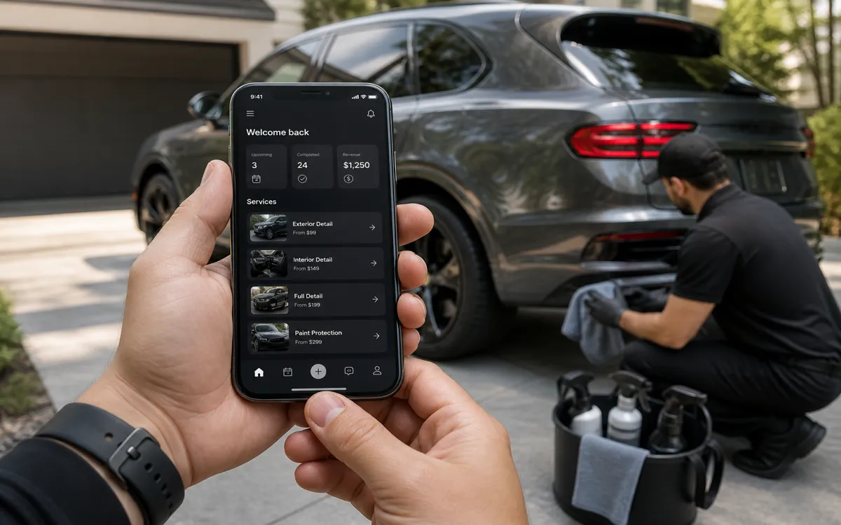 Detailer holding a phone with a clean booking dashboard while a luxury SUV is detailed in a driveway