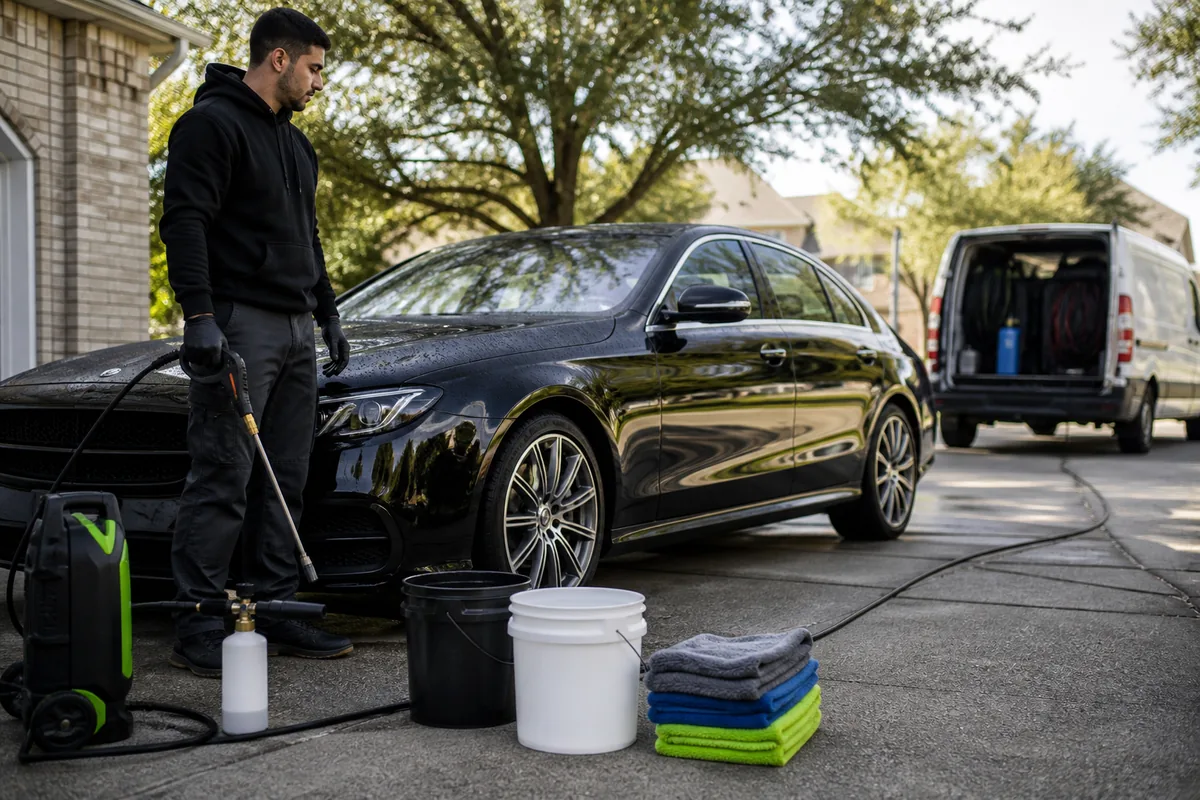 Mobile detailer with pressure washer, buckets, and towels beside a freshly washed car on a driveway