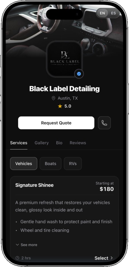 Black Label Detailing booking page