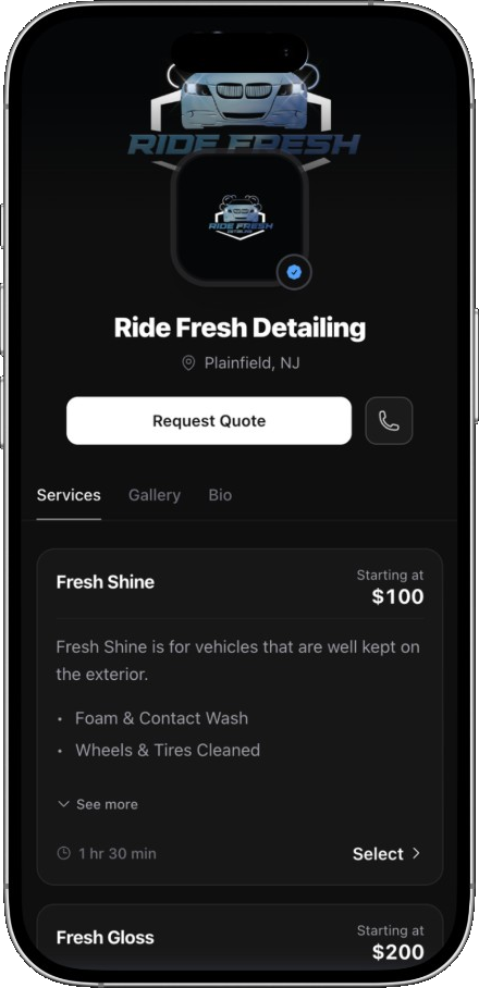Ride Fresh Detailing booking page